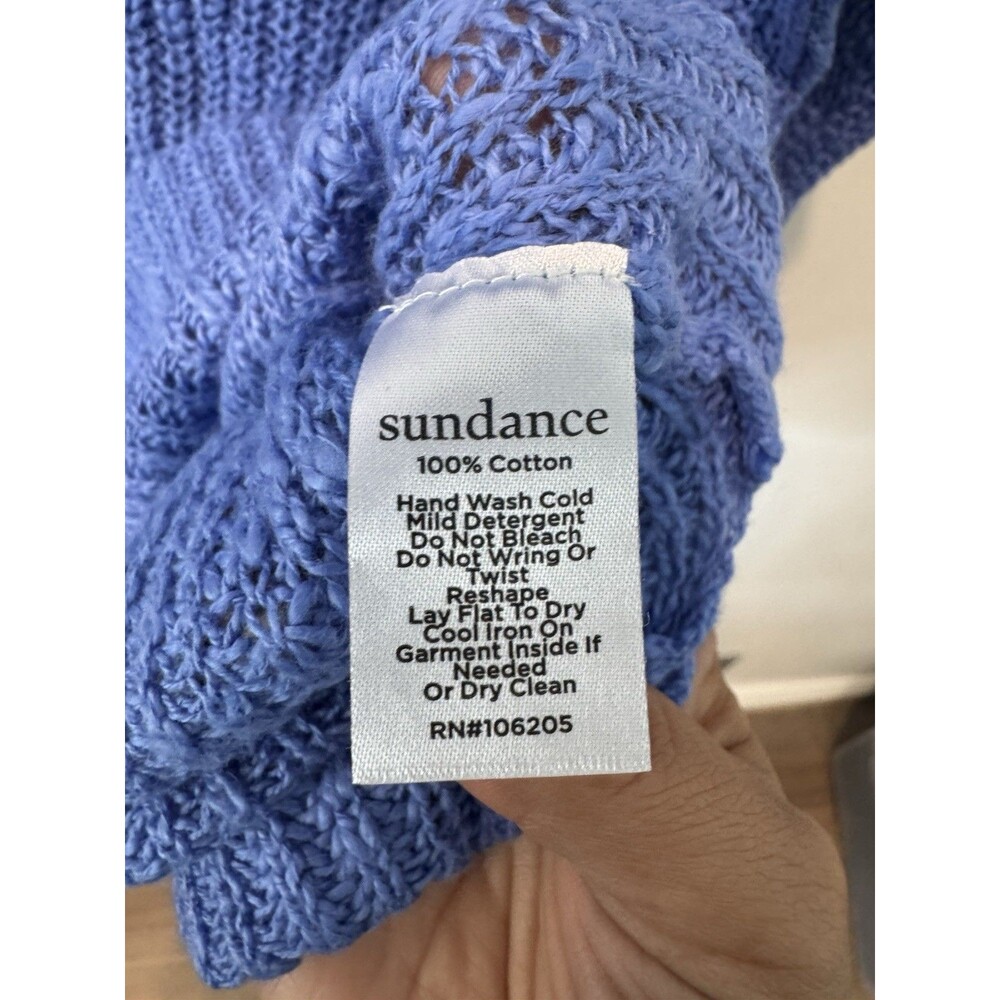 SUNDANCE Open Knit Sweater XL Blue 100% Cotton Pullover V-Neck Lagenlook NEW - Picture 5 of 7